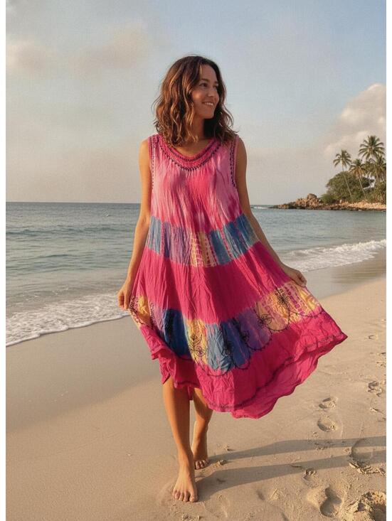 Dresses & Skirts - Colorful Boho Embroidered Tie-Dye Dress Plus Size Festival Hippie